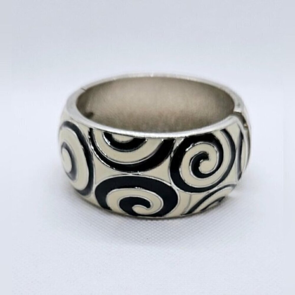 Black & Cream Enamel Swirl Hinge Cuff Bracelet Silver Tone